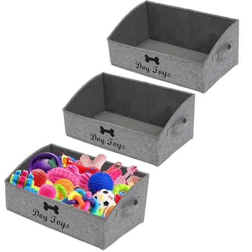 3 Pack Large dog toy bin dog toy box storage box - Foldable Fabric Trapezoid Organizer Boxes with Handle for Dog Toys (Snow Gray-DOG) - color: Snow Gray(3 Pack), size: Large - Dog Toys