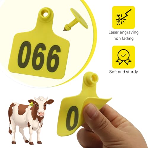 Cattle Ear Tags 001-100, 100Pcs Plastic Livestock Ear Tag for Cows Goats Sheep Pigs with Pliers Applicator & 2 Pins, Animal ID Tags for Ranch Farm Herd Tracking, Laser Print (001-100, Yellow) - color: Yellow