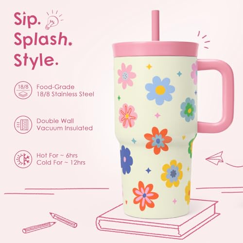 SANDJEST Floral Stainless Steel Tumbler 20oz with Handle and Silicone Straw Locking Lid for Kids Girls, Birthday Christmas Back to School - color: Floral
