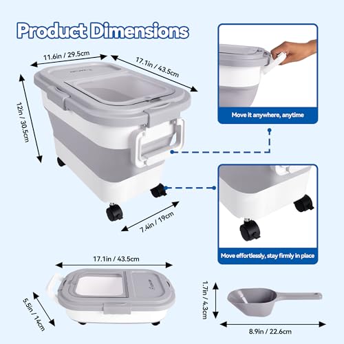 Dog Food Storage Container 20-25lbs, Airtight Pet Food Bin with Locking Lid & Clear Window, Collapsible Rolling Storage Container with Wheels and Scoop, Gray - color: Gray-M