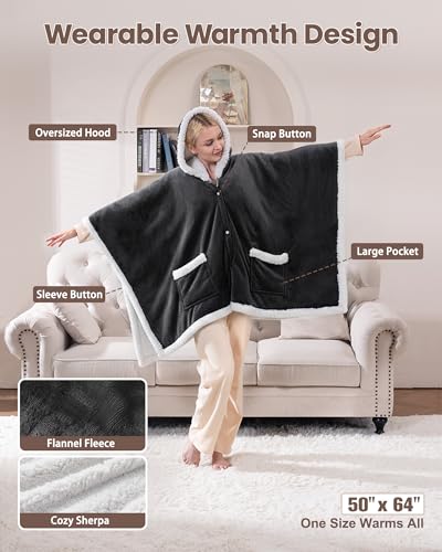 Wearable Heated Blanket with Foot Pocket, Flannel & Sherpa,50"x64",Grey,ETL | Wearable Electric Throw Blanket with Sleeves,9 Heating Levels Snuggle Warm Blanket,2H-10H Auto Off Heated Robe,ETL Certified - size: 50"x64"