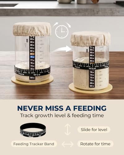 Lorzon 47 oz Large Glass Wide Mouth Sourdough Starter Jar Kit | Mess-free feeding, Flexible storage, Growth and temperature tracking, Effortless stirring, Sourdough bread baking supplies