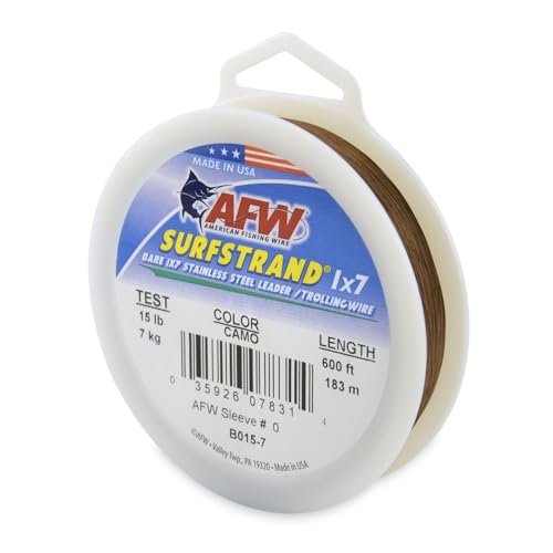 American Fishing Wire Surfstrand Bare 1x7 Stainless Steel Leader Wire - Fishing Leader Line for Saltwater, 20lb Test - 325lb Test in Bright, Camo in 30ft, 300ft, 600ft and 1,000ft Lengths - color: Camo, size: 15 lb / 600 ft
