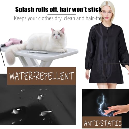 Dog Grooming Smock Long Sleeves Water-Repellent Hair-Proof (Black, L)