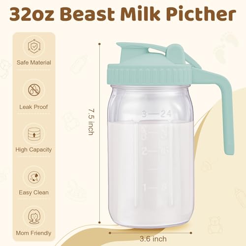 AoeJarry Breast Milk Pitcher with Leak Proof Flip Cap & Pour Spout, 32 oz Wide Mouth Mason Jars for Breast Milk Storage Container, Glass Picther with Lid for Cold Brew Coffee, Sun Tea, Juices, Pink - color: Pink