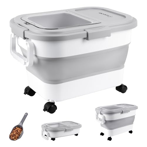 Dog Food Storage Container 20-25lbs, Airtight Pet Food Bin with Locking Lid & Clear Window, Collapsible Rolling Storage Container with Wheels and Scoop, Gray - color: Gray-M