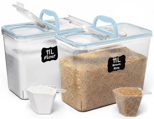 Shazo 2 PC (11L | 372 oz) Flour Sugar Storage Containers with Spout Lid & Easy Carry Handle - BPA Free Extra Large Airtight Food Storage Containers with Lids - Rice Canisters Sets for Kitchen & Pantry - color: Blue