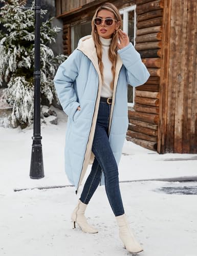 Yusongirl Women's Reversible Long Winter Puffer Coat with Hood and Fleece | Two wearable sides for winter commutes, school runs and city errands, with quilted warmth, soft fleece, a hood and pockets - color: Blue, size: XX-Large