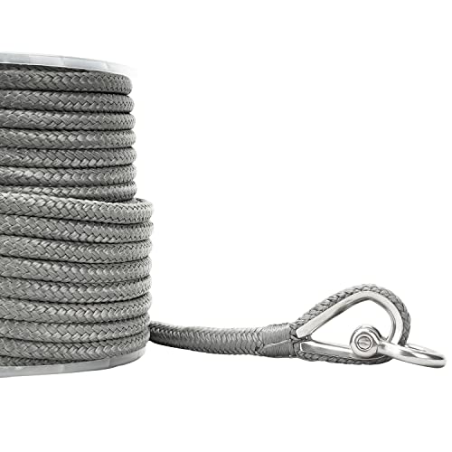 MARINE SYSTEM Made 3/8 Inch 100 FT 150 FT Black Grey Nylon Anchor Line Double Braided Anchor Rope/Line with Thimble (3/8" x 150' Grey Nylon) - color: 3/8"x150' Grey