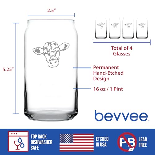 Cow Face Can Pint Glass for Cattle Lovers Farm Gifts - 16 oz - Set of 4 | Bevvee Cattle gift ideas for cow lovers, farmers and ranchers. Beer can glass for IPA, pilsner and craft beer. Made in USA - style: Set of 4
