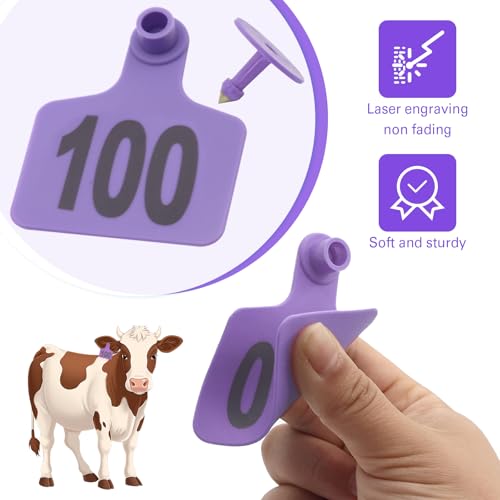 Cattle Ear Tags 001-100, 100Pcs Plastic Livestock Ear Tag for Cows Goats Sheep Pigs with Pliers Applicator & 2 Pins, Animal ID Tags for Ranch Farm Herd Tracking, Laser Print (001-100, Purple) - color: Purple