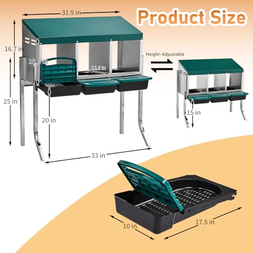 Outvita Chicken Nesting Boxes, 3 Compartments Metal Nesting Boxes for Chickens with Metal Legs, Wall/Floor Mount for Laying Eggs with Swing Perch and Roll Away Egg Collection for Chicken Coop, Green