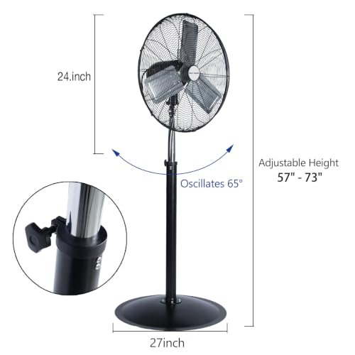 BILT HARD 6450 CFM 24" High Velocity Pedestal Oscillating Fan, 3-Speed Adjustable Height Industrial Floor Fan with Aluminum Blades, Metal Shop Fan for Commercial, and Garage - size: 24 inch