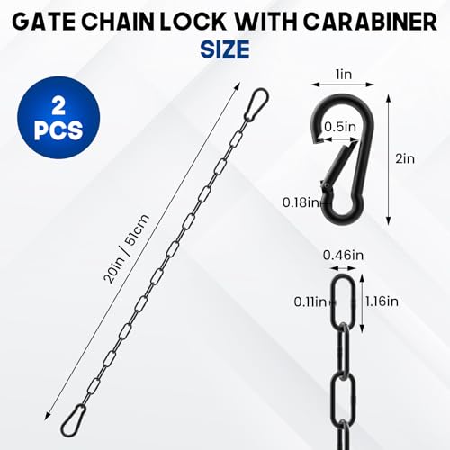 20 Inch Gate Chain Lock with Carabiner | Stainless Steel Chain Link Gate Lock, 2Pcs Barn Chain for Outdoor Fences Gates Pet Cages Livestock Corrals, Black