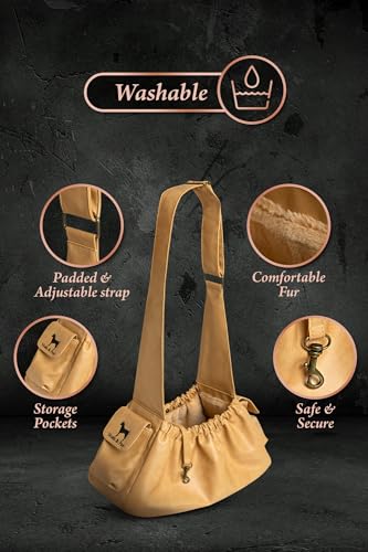 Noah & Paw Dog Sling Carrier for Small Dogs 5-18lb, Dog Sling for Small Dogs and Cats, Dog Carrier with Adjustable Padded Strap, Vegan Leather Lined with Fur, Double Safety Feature, Machine Washable - color: Beige