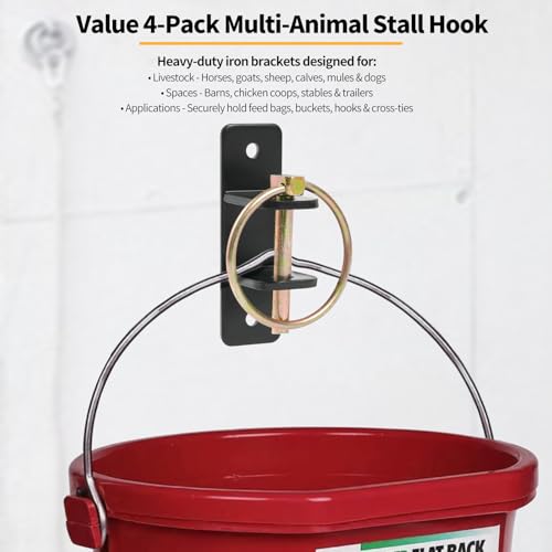 Heavy Duty Bucket Hooks, 5 Gallon Horse Feed Bucket Holder | 4 PCS wall-mounted water bucket brackets for stalls, 5/32 inch thick seamless welded hardware for livestock & pet safety