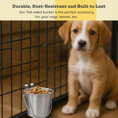 Stainless Steel Flat Side Bucket with Dual Hooks 2 Quart (0.5Gallon)– Heavy Duty Hanging Dog Water & Food Bowl Kennel, Cage & Crate, Durable Pet Pail for Dogs, Cats, Birds & Small Animals - size: 2 Quart
