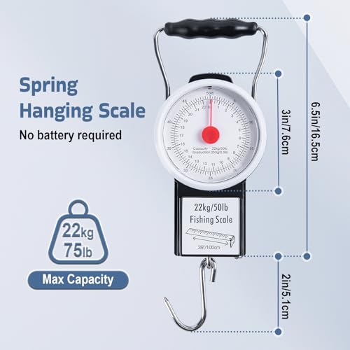 Goture Fishing Hanging Scale + Rope + Ruler, Mechanical Kitchen and Fish Fishing Scale, Multi-Purpose Portable Hand Held Dial Weight Scale with Tape Measure (50 Lbs / 22Kg) - color: Fishing Scale + Rope + Ruler
