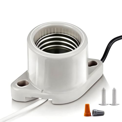 E26 Ceramic Surface Mount Socket with Flange Mount Base,5.9Inch Wire | High Temp Resistant Porcelain Light Bulb Holder,Pre-Wired Heat Resistant Fixture for Reptile Terrarium, Brooder & DIY Lamps