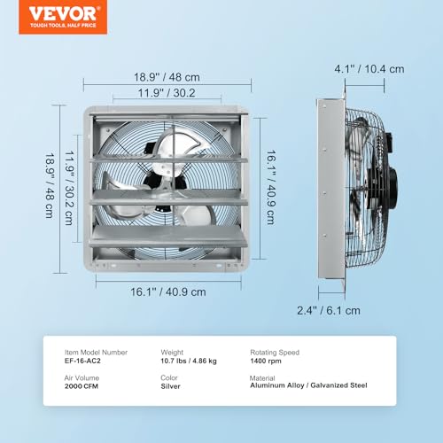 VEVOR 16 Inch Shutter Exhaust Fan Wall Mounted Automatic Louvers Silver, Sturdy Steel Housing, 2438 CFM Low Noise, AC Motor, Ventilation and Cooling for Attic, Garage, Barn, Greenhouse, Workshop - size: 16 Inch