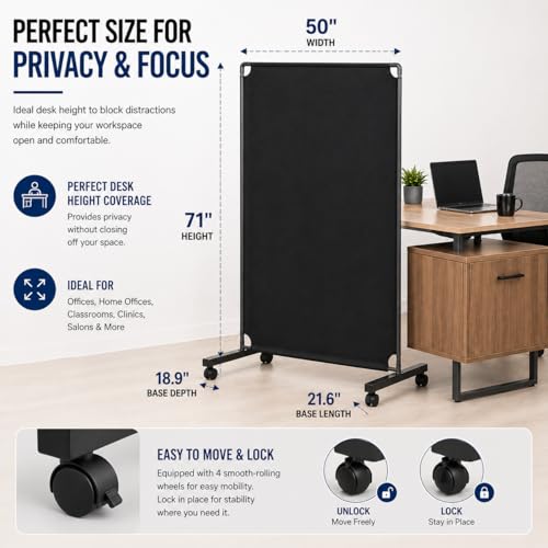 Rolling Room Divider with Wheels, Portable Privacy Screen Partition Wall, Freestanding Office Divider Panel, Non-See-Through Fabric, Locking Casters for Office Home Classroom Clinic, 50" W x 71" H - color: Black