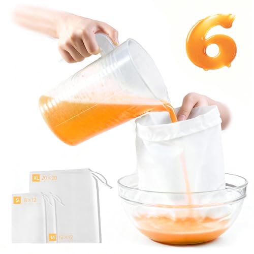 Reusable Nut Milk Bag 6 Pack, 3 Sizes Fine Mesh Strainer Bags (20"x20", 12"x12", 12"x8"), Nylon Filter Bags for Almond Milk, Juice, Cheese Making, Cold Brew Coffee & Yogurt