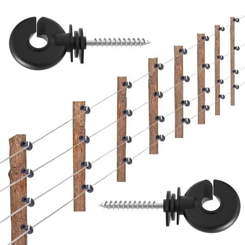 50pk Screw-in Electric Fence Ring Insulators, Wood Post Supplies | UV-Resistant Heavy Duty Plastic; Free Installation Socket Tool; 80% Faster Setup; Fits Polywire Rope Tape; Cattle Horse Sheep