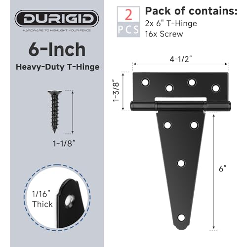 2 Pack 6 Inch T Hinge, Heavy Duty Hinges for Wood, Gate Hinge, Shed Door Hardware, Fence Hinges for Outdoor Gates, Barn Door, Ideal Outdoor Useage - size: 6 Inch