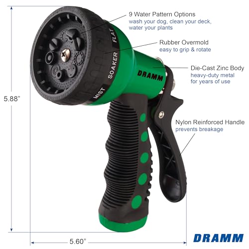 Dramm Revolver Heavy Duty Metal Garden Hose Nozzle – 9 Spray Patterns, High Pressure Jet, Thumb-Control Flow, Ergonomic Grip – Green - color: Green, size: No Size (Single), style: 9-Pattern Revolver