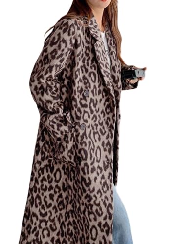 Womens Leopard Long Wool Trench Coat Notched Lapel Double Breasted Pea Coat Winter Warm Overcoat - color: Coffee, size: X-Large