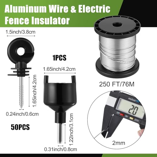 2-Mile 5000V 0.1Joule Electric Fence for Preventing Animals Intruding, 50 Black Fence Insulator and 1 Socket Tool, 250ft Aluminum Wire for Electric Fencing Grid System Accessories - size: 76M
