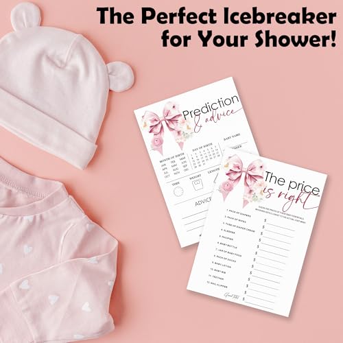 The Price is Right & Predictions Advice Theme Baby Shower Game Activities-30 Pink Bow & Flowers Double-Sided Game Cards(5’’x7 ’’) for Boys & Girls-Gender Neutral Decorations & Supplies-A05 - color: The Price is Right & Predictions Advice