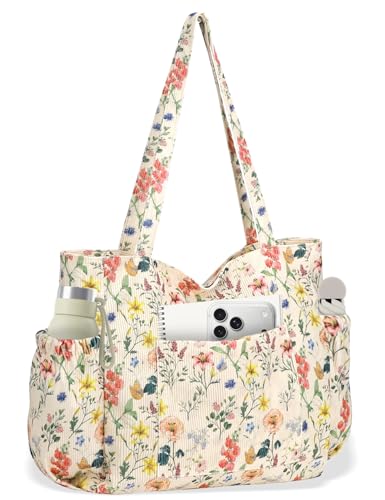 Corduroy Tote Bag for Women, Cute Floral Tote Bag with Zipper, Large Shoulder Handbag with Multi-Pockets for Work Travel Gym - color: Retro Floral