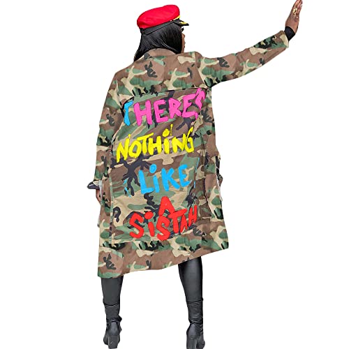 Vakkest Camo Blazer Jacket for Women Lapel Long Sleeve Open Front Cardigan Coat Classic Pockets Overcoat Outwear - color: Letter Sister, size: Large