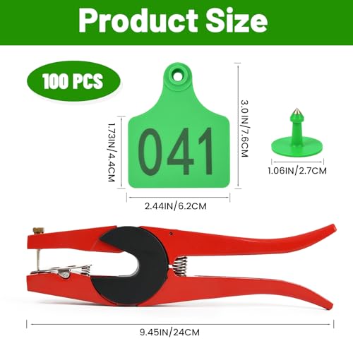 100 Numbered Cattle Ear Tags Large Animal Identification Tags TPU Livestock Ear Tag for Cattle Cow Horse Hog Pig Goat Sheep Applicator Kit (001-100 Green)