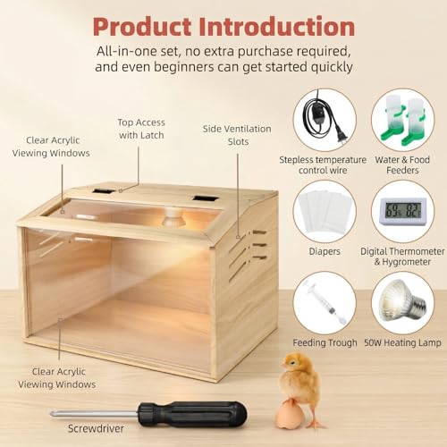 15.74 x 11.81 x 11.81” Chick Brooder Box with Heating Lamp, Poultry Brooder with Heaters, Wooden Brooder Box for Baby Chicks, Ducks, Quail and Birds