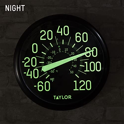 Taylor Glow in the Dark Wall Indoor Outdoor Thermometer, Wireless Thermometer with Easy to Read Numbers for Patio, Pool, and Indoor Areas, 13.25-inch, Black