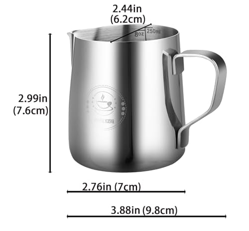 8oz Milk Frothing Pitcher, Stainless Steel Espresso Steamer Frother Cup | 250ml small single serving metal jug with precision pouring spout; top barista tools for perfect coffee cappuccino latte art - color: Silver 8Oz (250ml)