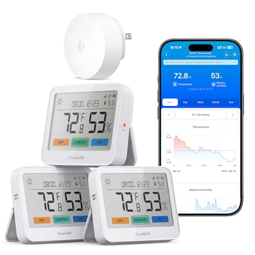 GoveeLife WiFi Thermometer Hygrometer 5-in-1, Large LCD 3-Pack with Gateway | Temperature and humidity monitor with weather station, remote sensor, indoor thermometer for home baby room greenhouse - style: Sub-1G Gateway+3 Pack