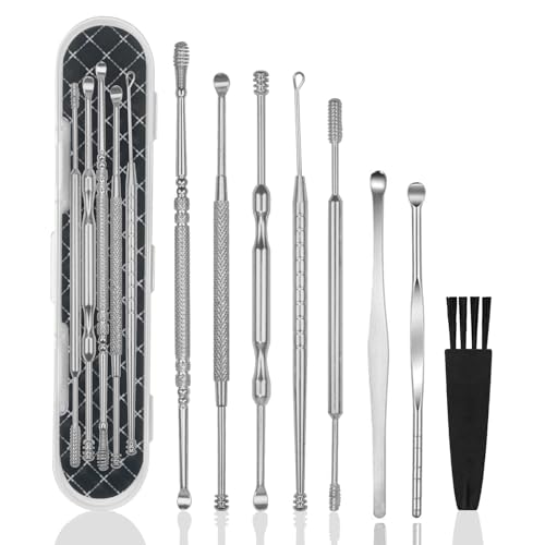 Hion 8 Pcs Ear Wax Removal Kit,Professional Double-Headed Ear Pick Earwax Removal Tools,316L Stainless Steel Ear Cleaner Curette with Cleaning Brush and Storage Box,Suit for Kid Adult(Silver) - color: Silver