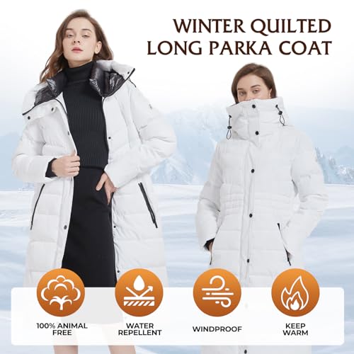 IKAZZ Women's Winter Coats, Thickened Warm Insulated Vegan Down Long Parka Jacket with Hood - color: White, size: Medium