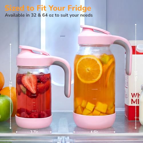 64 oz (2 Qt) Glass Mason Jar Pitcher with Pour Spout Lid & Handle | Airtight Leak-Resistant Flip-Top, Wide Mouth for Ice & Fruit, Non-Slip Silicone Base, Measuring Marks, Fridge Water/Iced Tea - color: Pink, size: 64 Ounces
