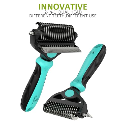 Spring Blossoms-2 in 1 Professional Grooming Rake for Cats & Dogs-Dematting Comb for Easy Mats & Tangles Removing,Pet Brush Safe No More Nasty Shedding and Flying Hair (Cyan) - color: Cyan