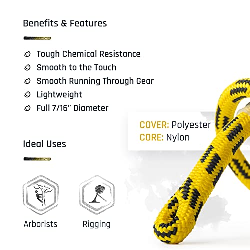 24-Strand 7/16 in (11 mm), USA Made Arborist Rope - 5,400 lb MBS - Static Climbing Rope - Lightweight - Arborist-24™ - 150 Ft - Tight Spliced Eye - Yellow Black - size: 150 ft, style: Tight Spliced Eye