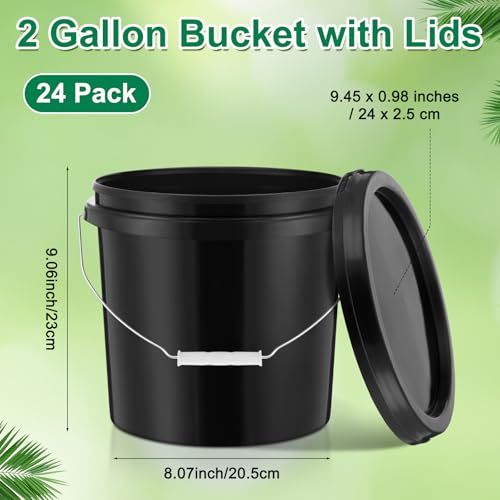 Tioncy 24 Pcs 2 Gallon Plastic Buckets with Lids and Handles,Black | Storage Pails for Paint, Cleaning, Organizing, Durable Containers, Metal Handles, Plastic Material - color: Black