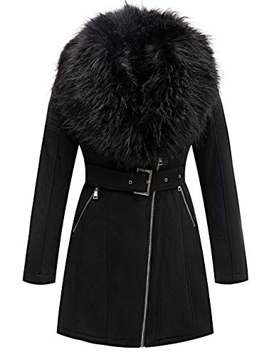 Bellivera Women's Faux Suede Leather Fleece Lined Trench Coat | Mid-length Winter Trendy Jacket Belted Sim Fit Outerwear with Detachable Faux Fur Collar - color: Black Tops, size: X-Large
