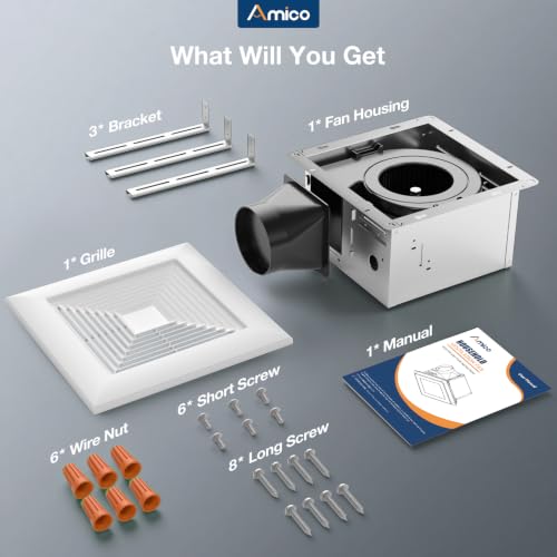 Amico Bathroom Exhaust Fan, 110 CFM, 0.9 Sones, ETL & FCC Certified | Ceiling Opening 9.4‘’ x 9.4'', Easy & Quiet Bathroom Fan, No Attic Access Needed, Ceiling Retrofit Ventilation Fans - size: 10 Inch