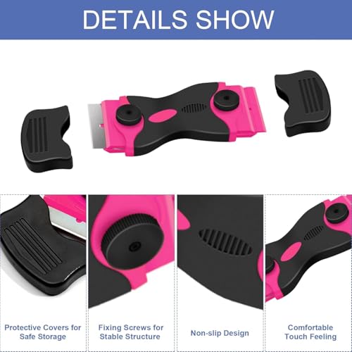 4 PCS Razor Blade Scraper with 40Pcs Metal and 40Pcs Plastic Blades, 2-in-1 Cleaning Scraper Tool for Cooktop Oven Floor Window Glass Car (Pink)