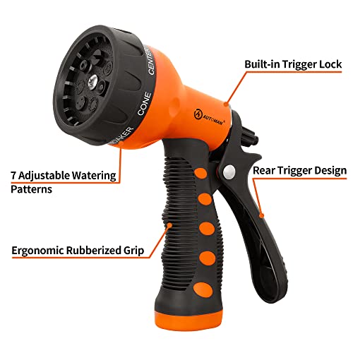 AUTOMAN-Garden-Hose-Nozzle,ABS Water Spray Nozzle with Heavy Duty 7 Adjustable Watering Patterns,Slip Resistant for Watering Plants,Lawn& Garden,Washing Cars,Cleaning,Showering Pets - Orange - color: Orange