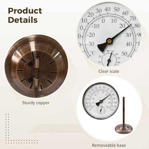 4’’ Outdoor Thermometer Hygrometer with Stand,Metal Waterproof Thermometer Gauge for Patio Indoor Outdoor Use,Easy Read Celsius Fahrenheit Dial,Battery Free,Weather Dial Hygrometer Thermometer